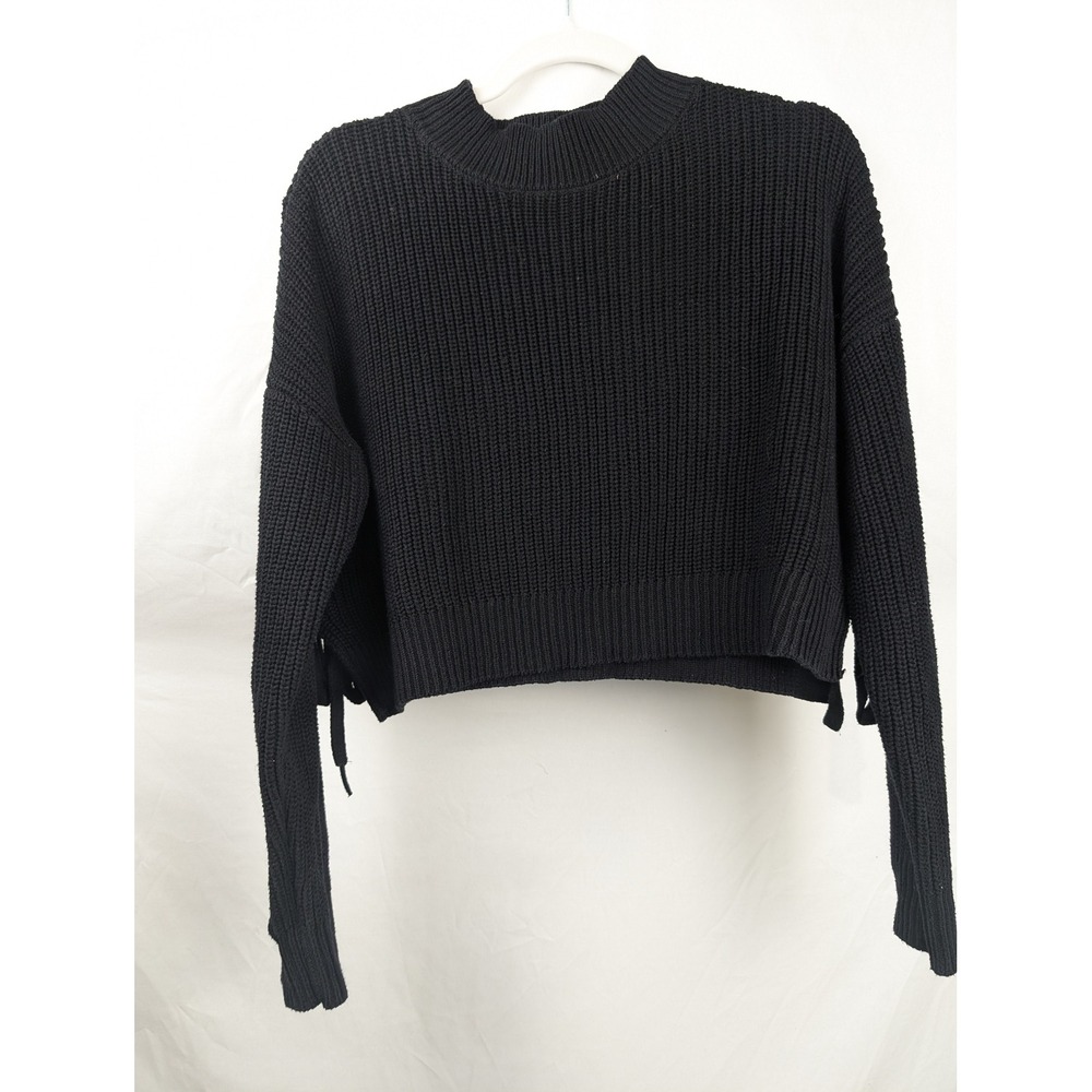 Y2K Whimsigoth Shaker Knit Boxy Crop Sweater Size L Black Grunge Baddie Side Tie - Picture 7 of 8